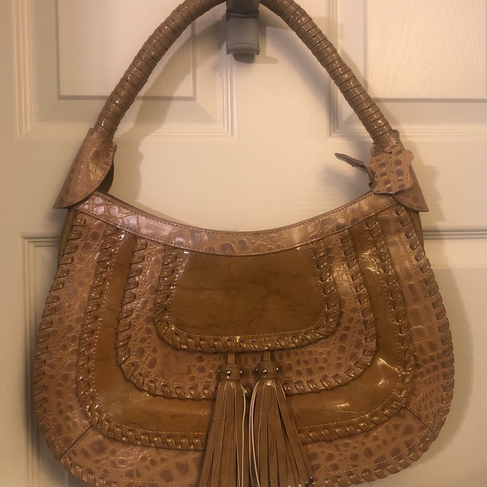 Tan patent leather statement purse